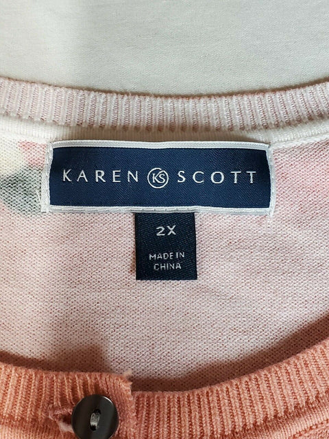 New Karen Scott Women's Long Sleeve Button Front Pink Flowers Cardigan Plus 2X - evorr.com