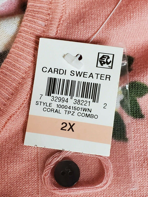 New Karen Scott Women's Long Sleeve Button Front Pink Flowers Cardigan Plus 2X - evorr.com