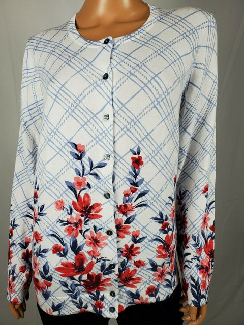 Karen Scott Women's Long Sleeve Button Front Gingham Flowers Cardigan Plus 0X