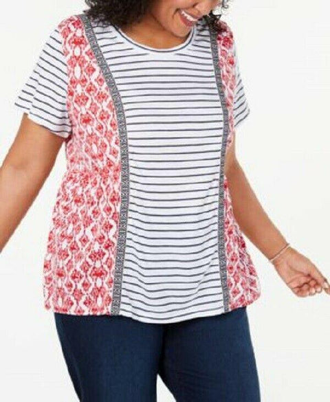 Style&Co Women Short Sleeve Scoop Neck White Stripe Red Print Blouse Top Plus 0X - evorr.com