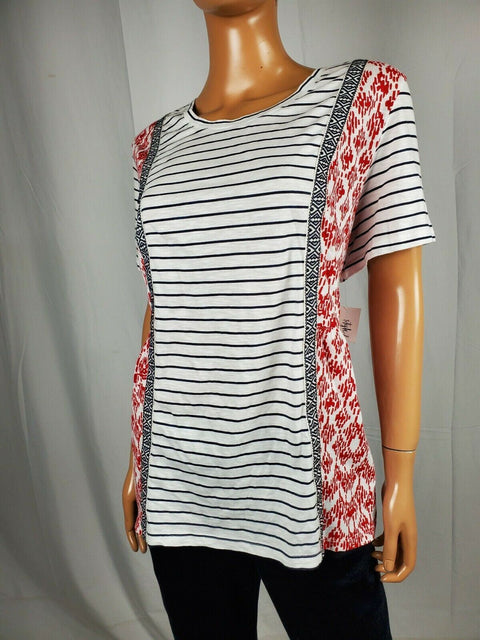 Style&Co Women Short Sleeve Scoop Neck White Stripe Red Print Blouse Top Plus 0X - evorr.com