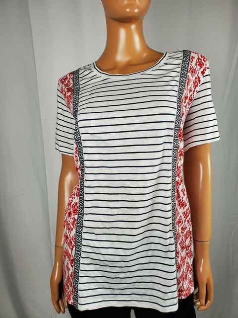 Style&Co Women Short Sleeve Scoop Neck White Stripe Red Print Blouse Top Plus 0X - evorr.com