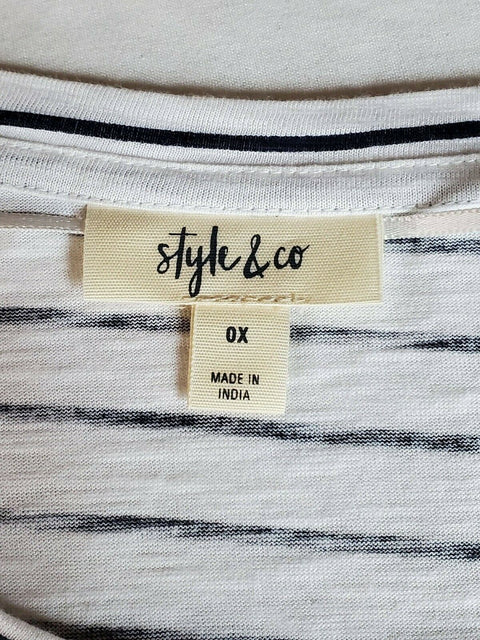 Style&Co Women Short Sleeve Scoop Neck White Stripe Red Print Blouse Top Plus 0X - evorr.com