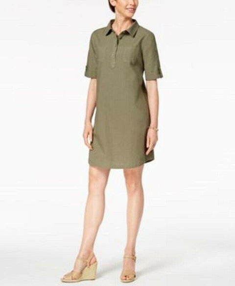 $89 NEW Karen Scott Women Short Sleeve Collared Tunic Shirt Dress Olive Green M - evorr.com