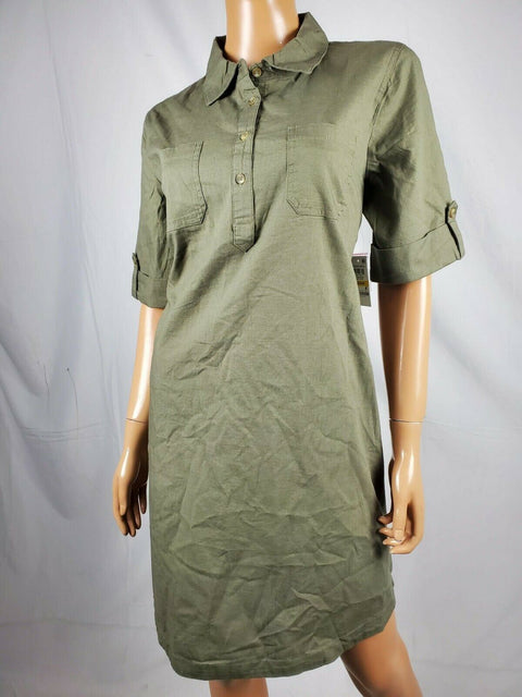 $89 NEW Karen Scott Women Short Sleeve Collared Tunic Shirt Dress Olive Green M - evorr.com
