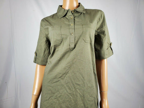 $89 NEW Karen Scott Women Short Sleeve Collared Tunic Shirt Dress Olive Green M - evorr.com