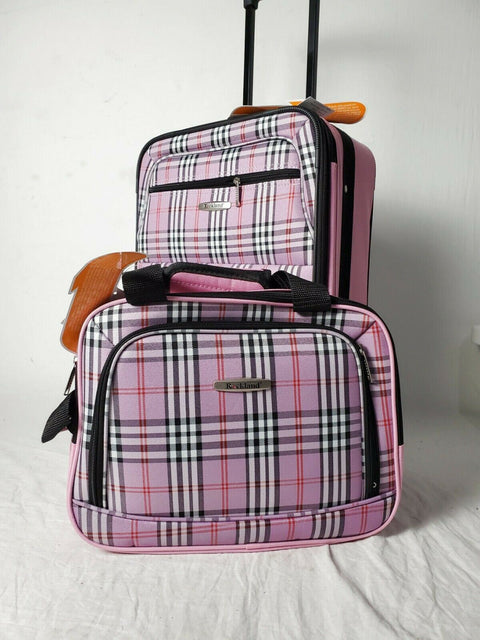 $180 New Rockland 2 Piece Carry On Luggage Set Rolling Suitcase Pink Plaids