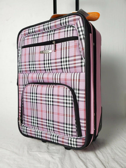 $180 New Rockland 2 Piece Carry On Luggage Set Rolling Suitcase Pink Plaids