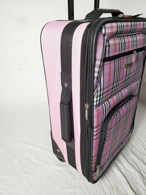 $180 New Rockland 2 Piece Carry On Luggage Set Rolling Suitcase Pink Plaids