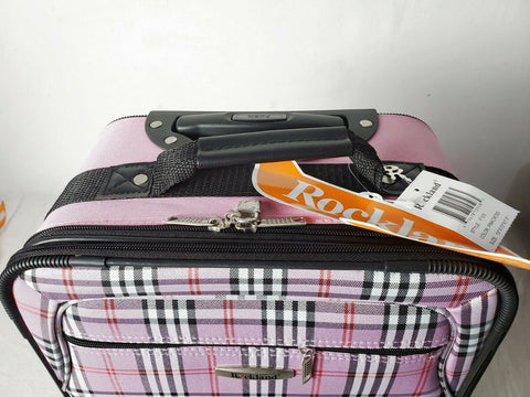 $180 New Rockland 2 Piece Carry On Luggage Set Rolling Suitcase Pink Plaids