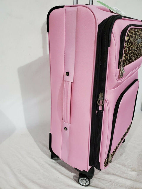 $280 New Rockland 28" Large Luggage Spinner Suitcase Pink Leopard Lightweight