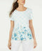 Karen Scott Women Short Sleeve Scoop-Neck Aqua Floral Embellish Blouse Top M