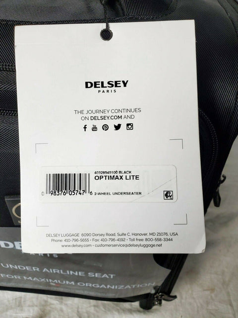 $200 New Delsey OptiMax Lite 17" 2-Wheeled Under-Seat Bag Luggage Black