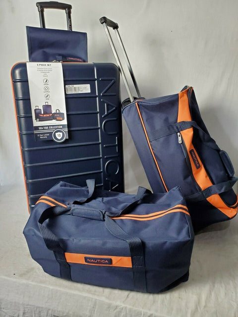 New Nautica Sea Tide 4 PC Hardside Luggage Set Blue Orange Travel Bag