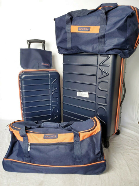 $500 Nautica Sea Tide 5-PC Hardside Luggage Set Blue Orange Travel Bag