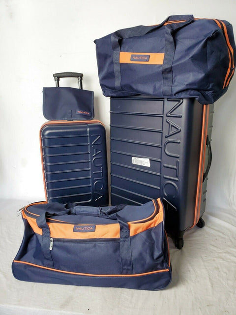 $500 Nautica Sea Tide 5-PC Hardside Luggage Set Blue Orange Travel Bag