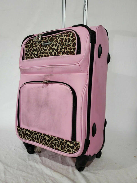 $240 Rockland 24" Medium Luggage Spinner Suitcase Pink Leopard Lightweight