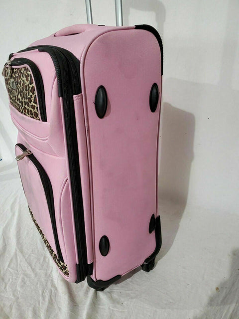 $240 Rockland 24" Medium Luggage Spinner Suitcase Pink Leopard Lightweight