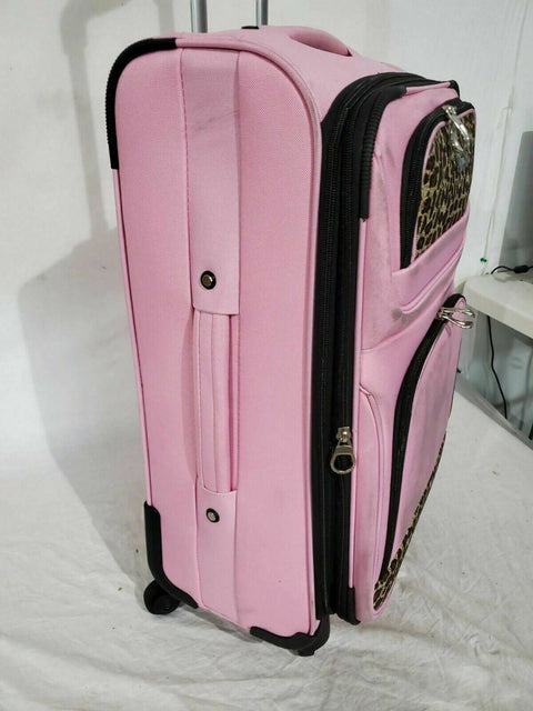 $240 Rockland 24" Medium Luggage Spinner Suitcase Pink Leopard Lightweight