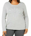 Karen Scott Women Long Sleeve Crew-Neck Gray Embroidery Pullover Sweater Plus 2X - evorr.com