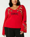 INC Femme Women Floral Embroidered Bell Sleeve Red Pullover Sweater Top Plus 1X - evorr.com