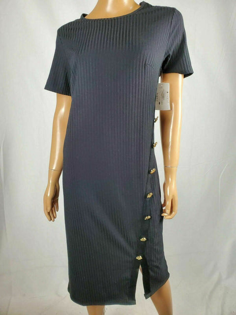 Derek Heart Women Black Stripe Embellish Short Sleeve Slit Buttons Dress Plus 1X - evorr.com
