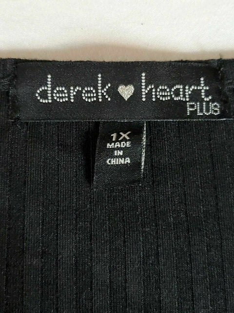 Derek Heart Women Black Stripe Embellish Short Sleeve Slit Buttons Dress Plus 1X - evorr.com