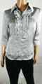 Kathy Che Women Collar-Neck Frill Button-Front Gray Polyester Shirt Top S - evorr.com