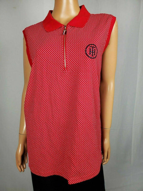 TOMMY HILFIGER Women Red Polka Dots 1/2 Zip Sleeveless Polo Blouse Top Plus 2X - evorr.com