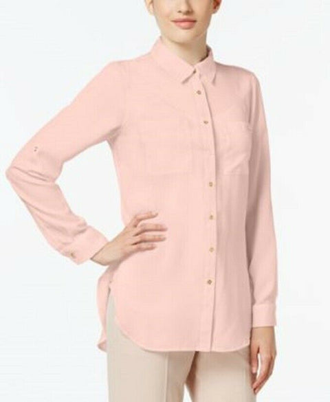 Calvin Klein Women Roll Tab Sleeve Collared Blush Button Shirt Top Size S