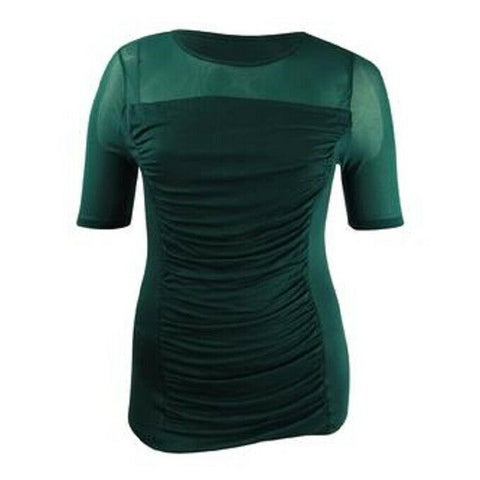 INC Concepts Women Green 3/4 Sleeve Blouse Top Stretch Ruched Illusion 2XL