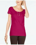 INC Concepts Women Short Sleeve Pink Lace Up Rhinestone Embellish Sweater Top M