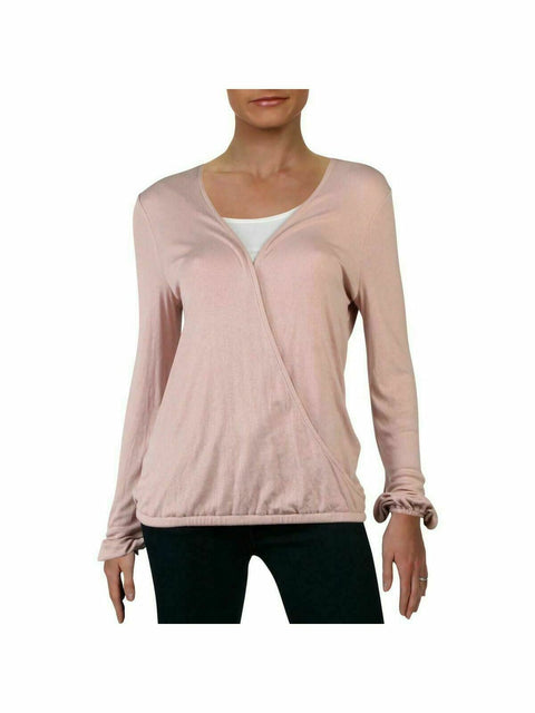 New INC Concepts Women Pink Mauve Long Sleeve Blouse Top Ribbed Surplice Size L