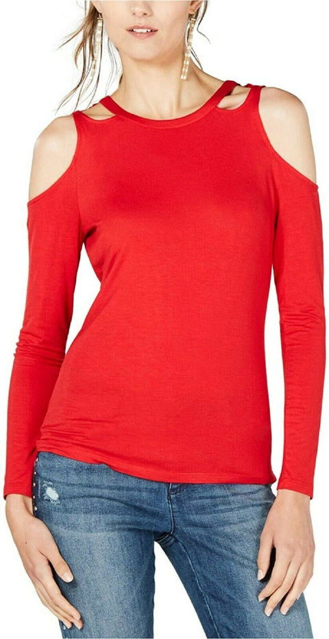 New INC CONCEPTS Womens Red Cold Shoulder Cut Out Neck Blouse Top Stretch Size L