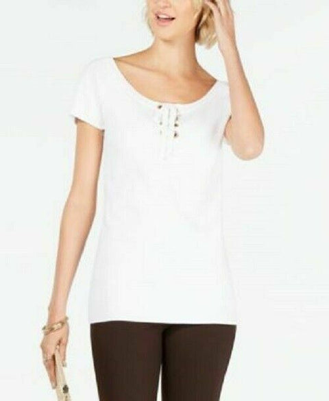 New INC Concepts Womens Short Sleeves White Lace Up Sweater Blouse Top Size L