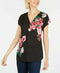 New INC Concepts Women Black Pink Short Sleeve Blouse Top Flower Printed Size M