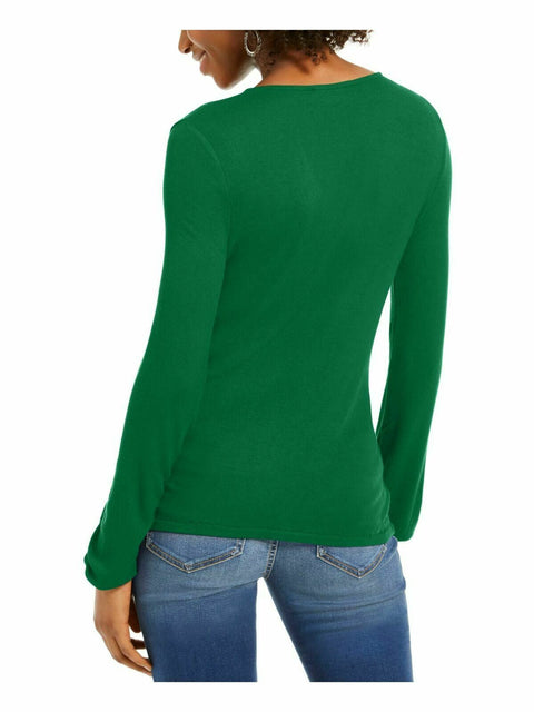 New INC Concepts Women Green Long Sleeve Blouse Top Ribbed Surplice Size XL
