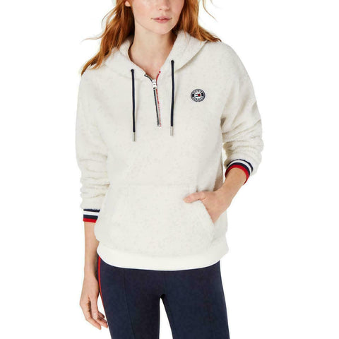 Tommy Hilfiger Women Sport Fleece 1/2 Zipper Hoodie Jacket Long Sleeve Ivory XL
