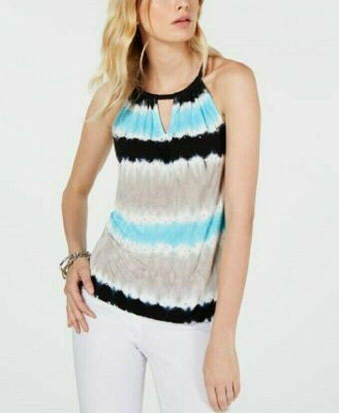 INC CONCEPTS Women Blue Tie Dye Halter Neck KeY Hole Blouse Top Studded Size M - evorr.com