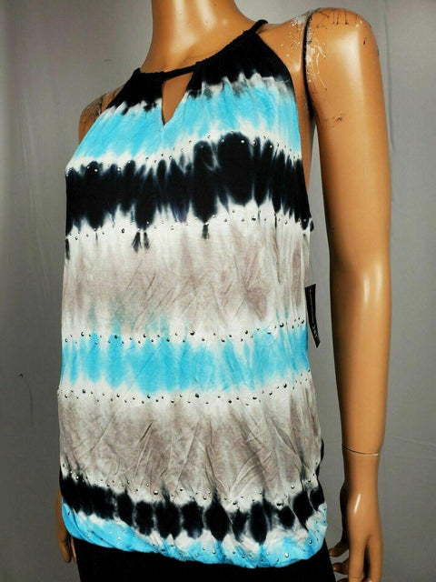 INC CONCEPTS Women Blue Tie Dye Halter Neck KeY Hole Blouse Top Studded Size M - evorr.com