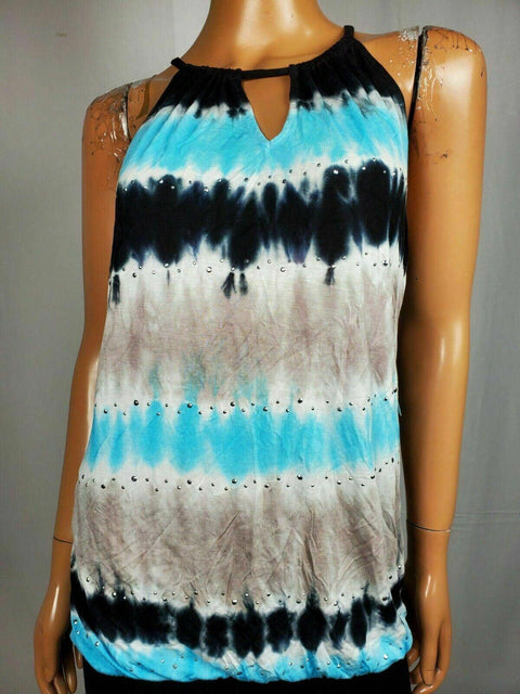 INC CONCEPTS Women Blue Tie Dye Halter Neck KeY Hole Blouse Top Studded Size M - evorr.com