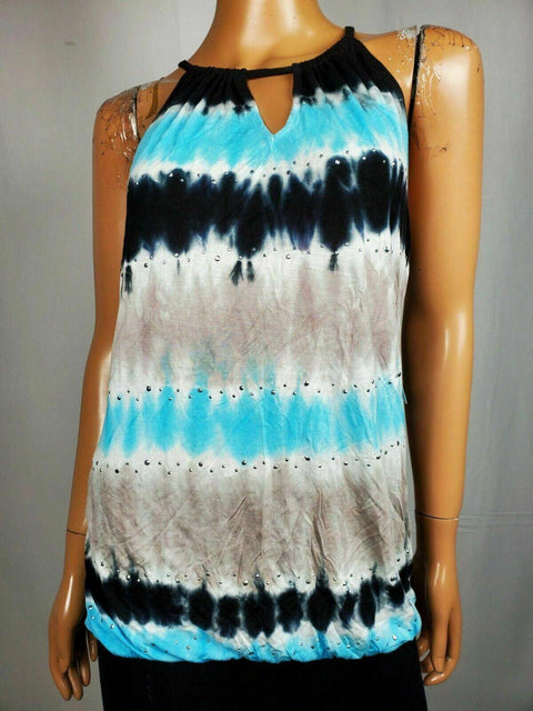 INC CONCEPTS Women Blue Tie Dye Halter Neck KeY Hole Blouse Top Studded Size M - evorr.com