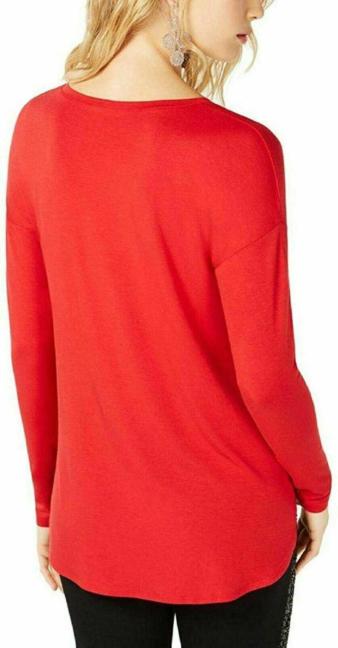 INC International Concepts Womens V-Neck Long Sleeve Hi-Low Red Pullover Top L - evorr.com
