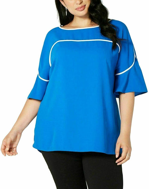 NEW Alfani Women Scoop-Neck Bell-Sleeves Blue Piping Bell Sleeve Blouse Plus 3X