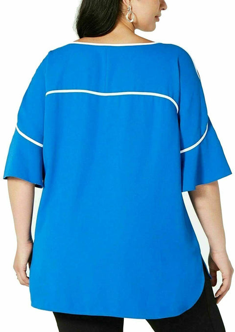 NEW Alfani Women Scoop-Neck Bell-Sleeves Blue Piping Bell Sleeve Blouse Plus 3X