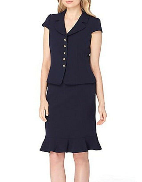 TAHARI ASL 2PC Set Women Blue Button Front Jacket Ruffle Skirt Suit Blazer 16