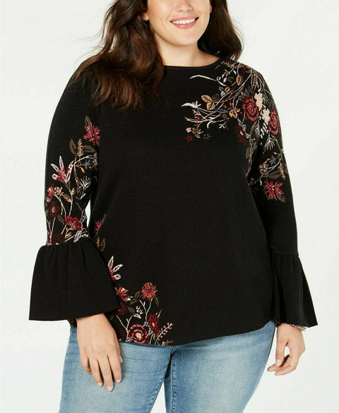 New STYLE&CO. Women Long Bell Sleeve Jacquard Floral Sweater Black Plus 2X