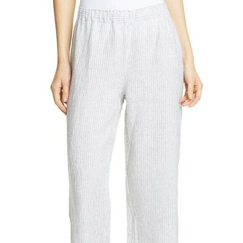 New EILEEN FISHER Womens White Black Striped 100% Linen Casual Pants Size M