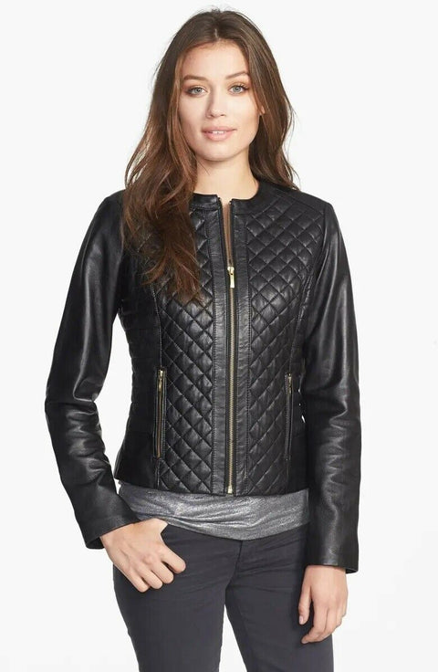 $420 New COLE HAAN Women Genuine Leather Collarless Quilted Jacket Black Size S