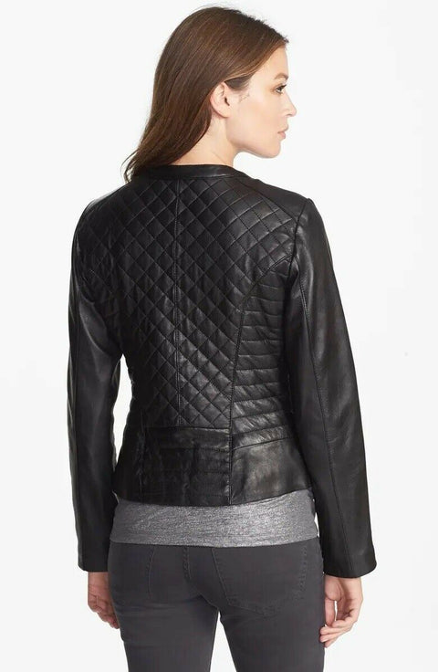$420 New COLE HAAN Women Genuine Leather Collarless Quilted Jacket Black Size S